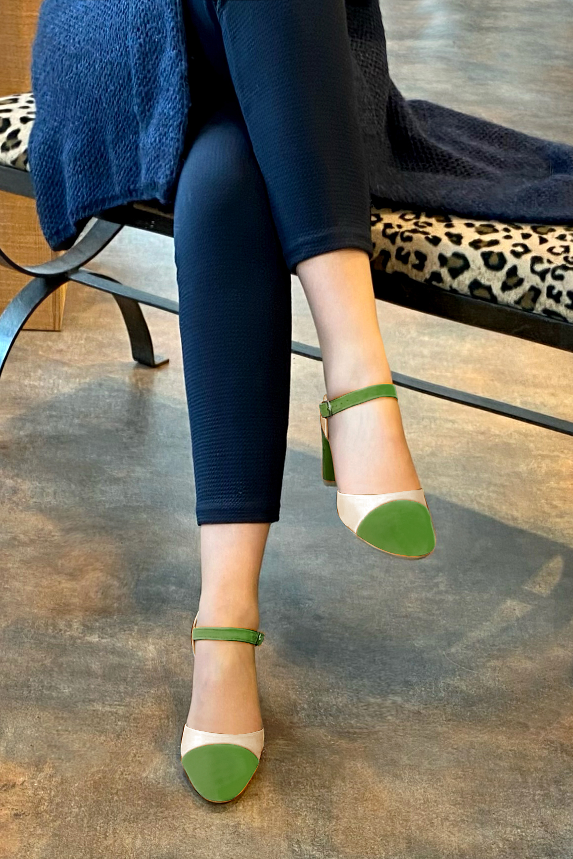 Grass green and champagne white women's open side shoes, with an instep strap. Round toe. Medium block heels. Worn view - Florence KOOIJMAN